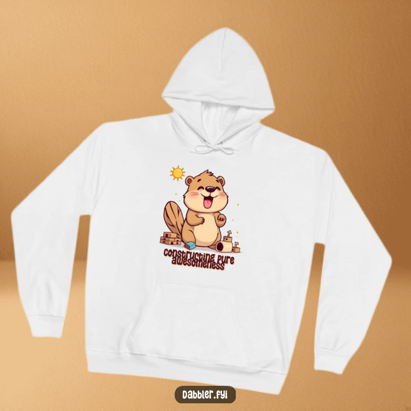 Funny happy beaver hoodie showing an enthusiastic beaver exploring building techniques, perfect for anyone who loves to construct and laugh.
