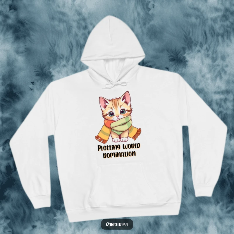 Funny hoodie depicting a sweet kitten peeking out from a bright scarf, a humorous and cozy funny gift.