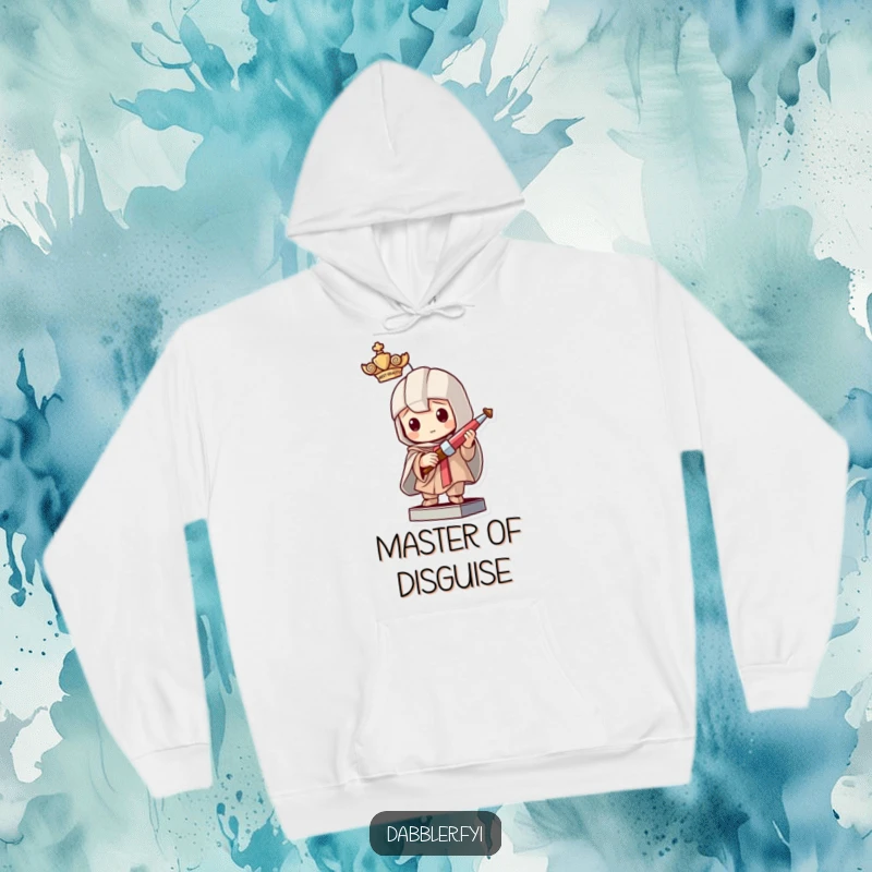 Funny hoodie design of a mischievous character hilariously posing as a statue while concealing a tiny crafting tool, ready for a playful prank.