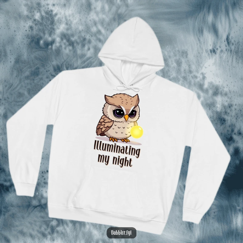 Funny Owl Hoodie: A curious owl character studies a glowing, mysterious object, offering warmth and a sense of intriguing humor.