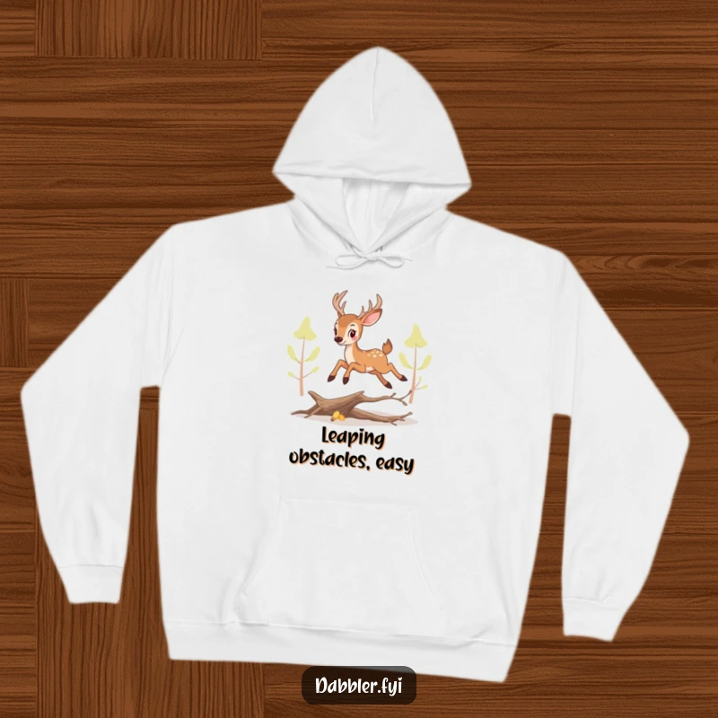 Funny perky deer hoodie, captured mid-leap over a fallen branch, exuding playful energy and outdoor joy.
