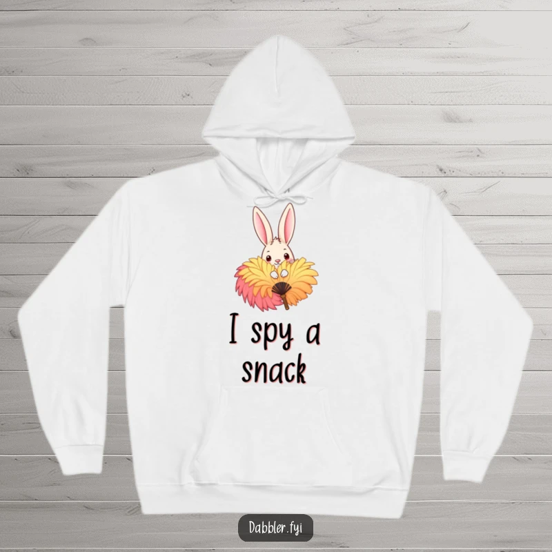 Funny Hoodie showcasing a playful rabbit peeking from behind a large, colorful feather fan, embodying cute mischief and comfort.