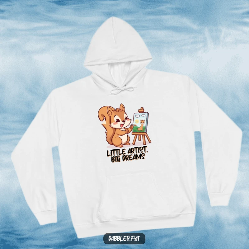 Funny Squirrel Hoodie: A cheerful squirrel excitedly paints a tiny picture, embodying artistic passion and cozy comfort.
