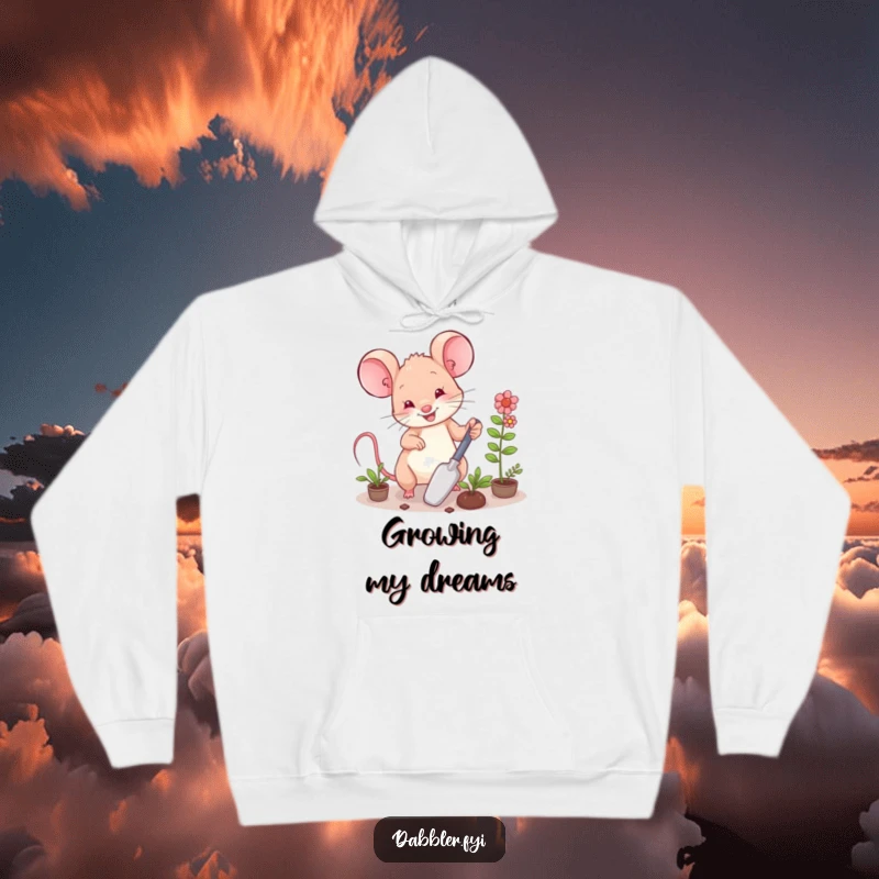 Funny Hoodie: A happy mouse character using a small trowel to tend to miniature plants, radiating cozy humor.