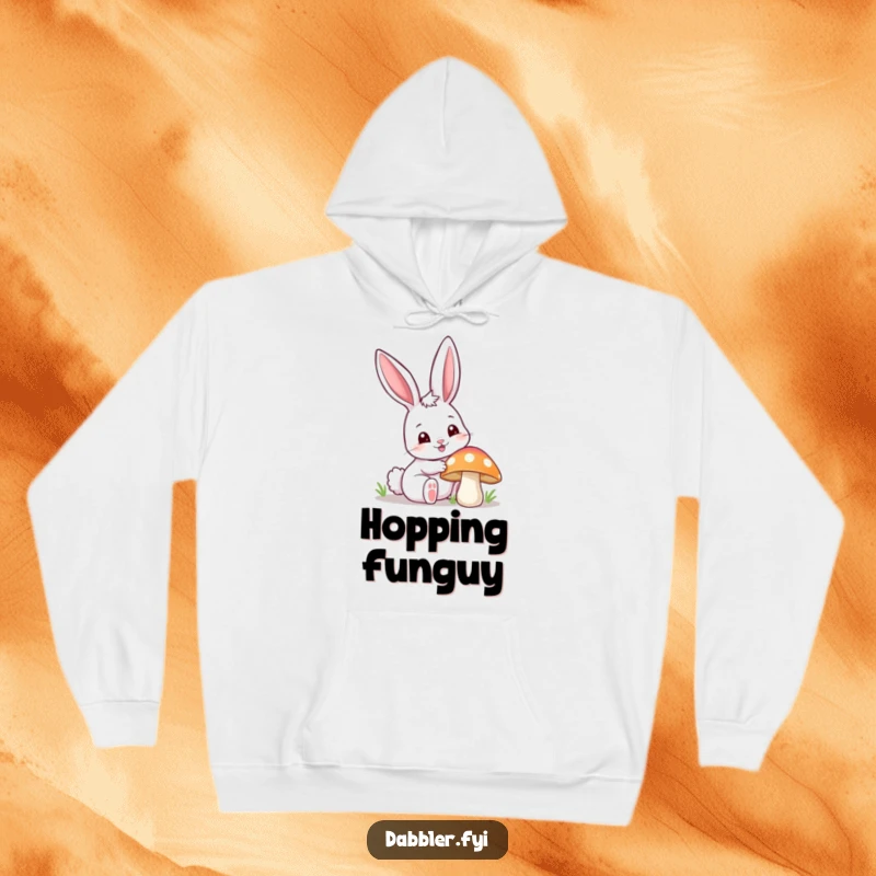 Funny happy bunny hoodie, curiously poking a colorful mushroom with one ear up, bringing cozy comfort and woodland whimsy.