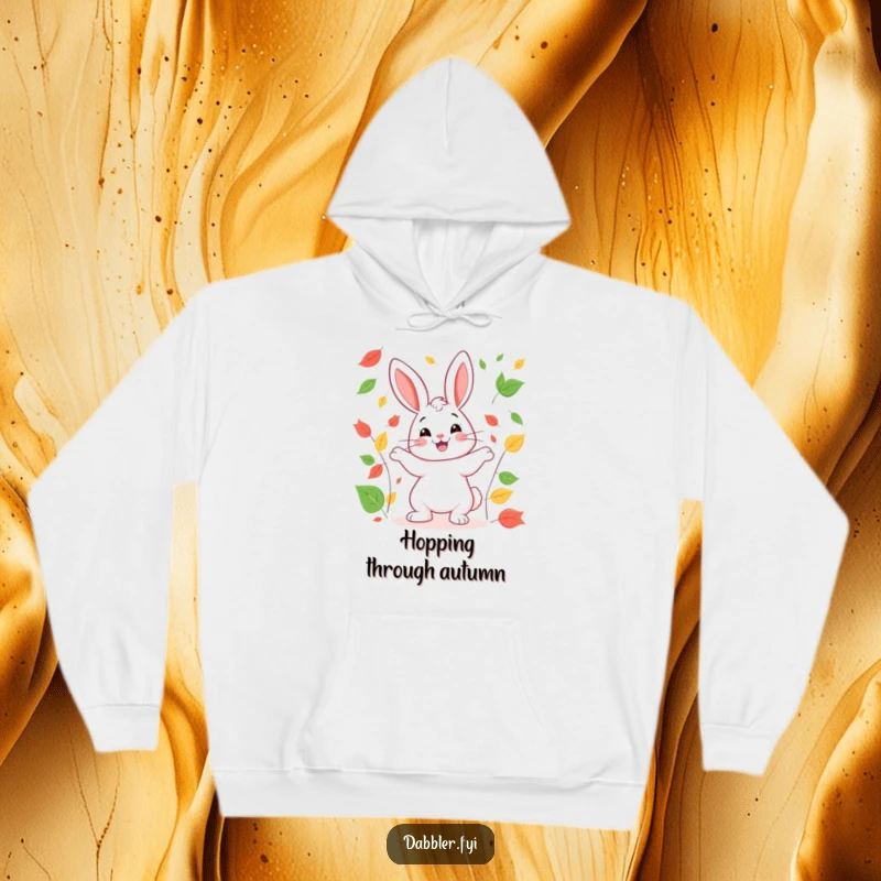 Funny rabbit hoodie depicting a happy rabbit juggling colorful leaves with a broad smile, radiating autumnal cheer.