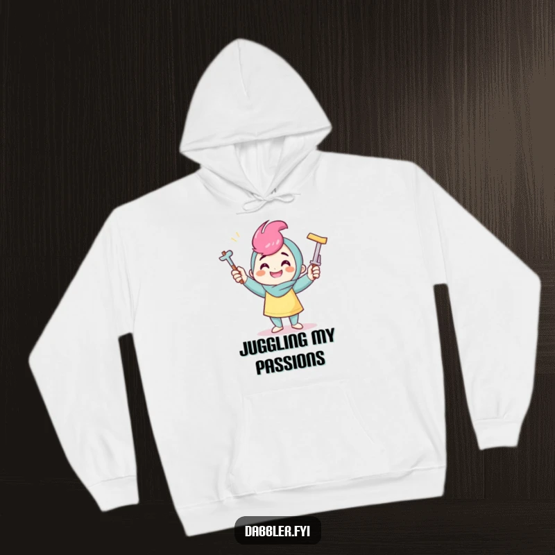 Funny crafter hoodie featuring a smiling character juggling crafting tools, perfect for warm and humorous crafting sessions.