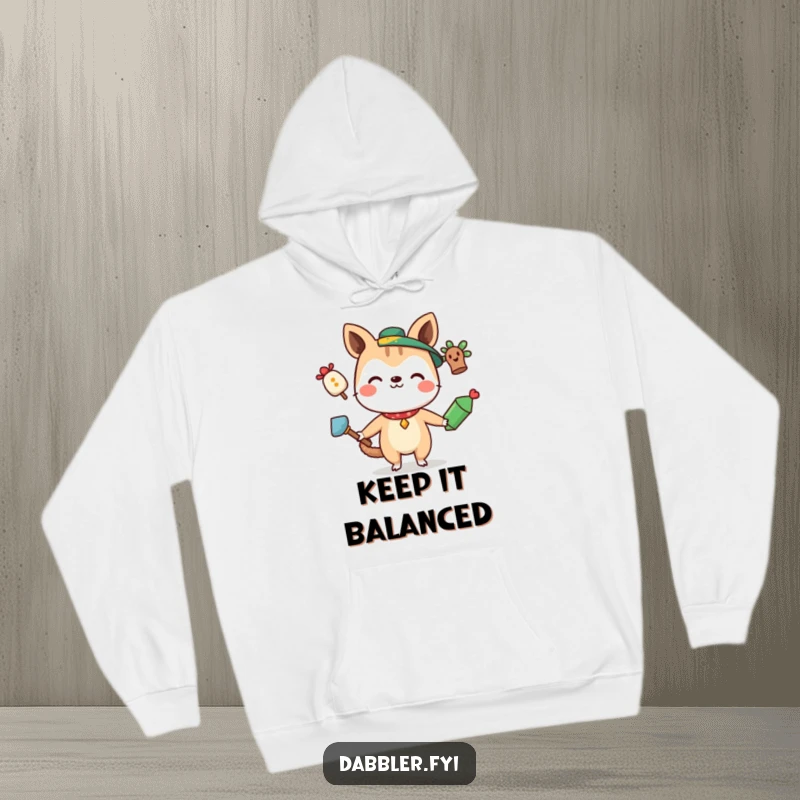 Funny Hoodie depicting a curious animal character smiling while juggling three odd, quirky items, perfect for those with many talents.