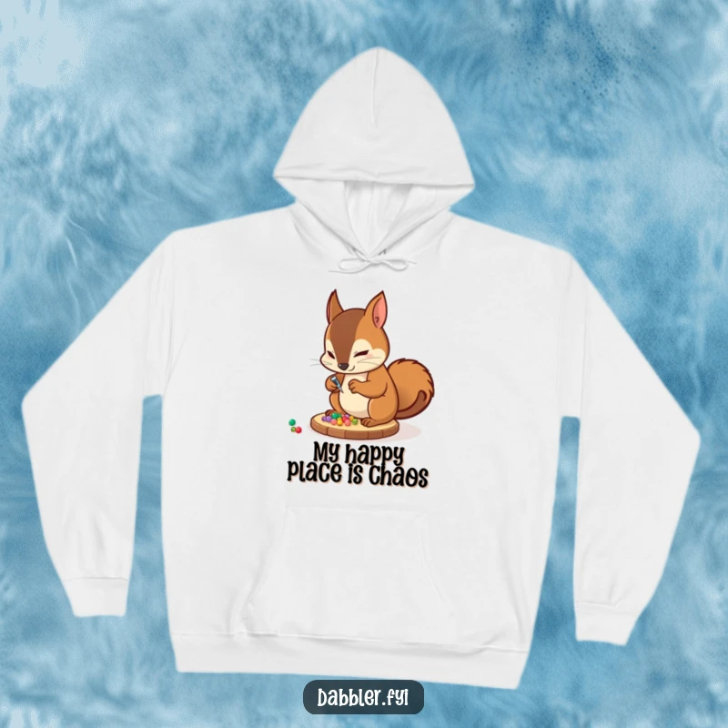 Funny Hoodie: A determined squirrel artist is glued to their task, meticulously placing tiny beads on a coaster, a humorous craft scene.