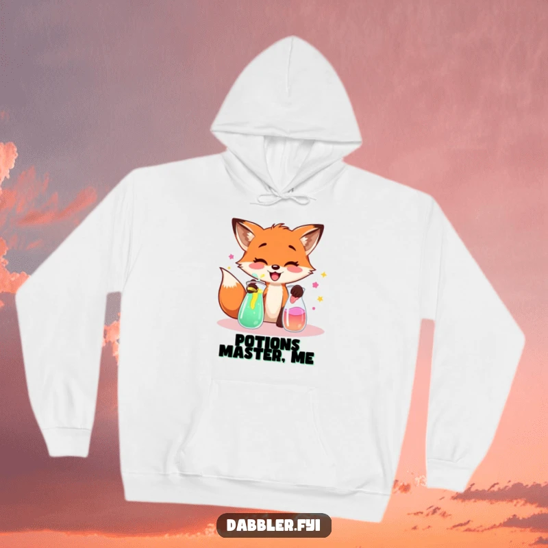 Funny fox hoodie, depicting a fox madly mixing colorful liquids, offering warmth and scientific humor.