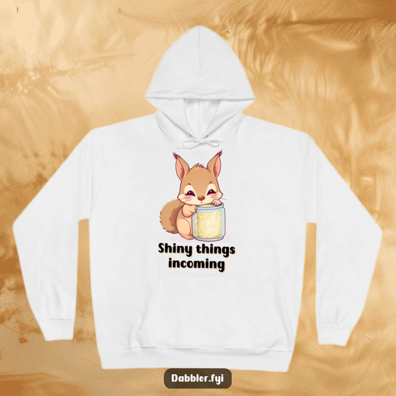 Funny squirrel glitter hoodie, curious squirrel peeking into glitter can, cozy, whimsical, humorous art apparel, perfect gift for crafters.