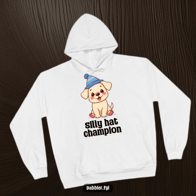 Funny hoodie depicting a playful puppy wearing a comical, oversized silly hat, offering warmth and humor.