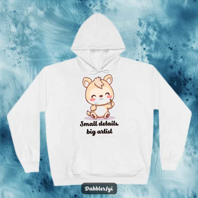 Funny art animal hoodie showing a cheerful animal enthusiastically painting a tiny polka dot, perfect for cozy creative sessions.