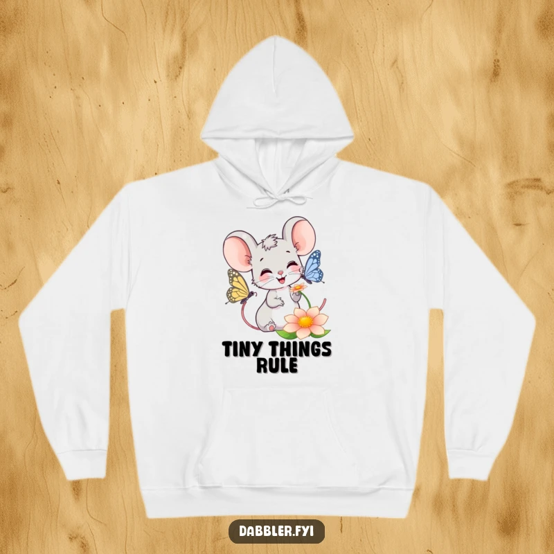 Funny Mouse Hoodie: Smiling mouse observing a butterfly on a flower, offering cozy comfort and charming, humorous vibes.