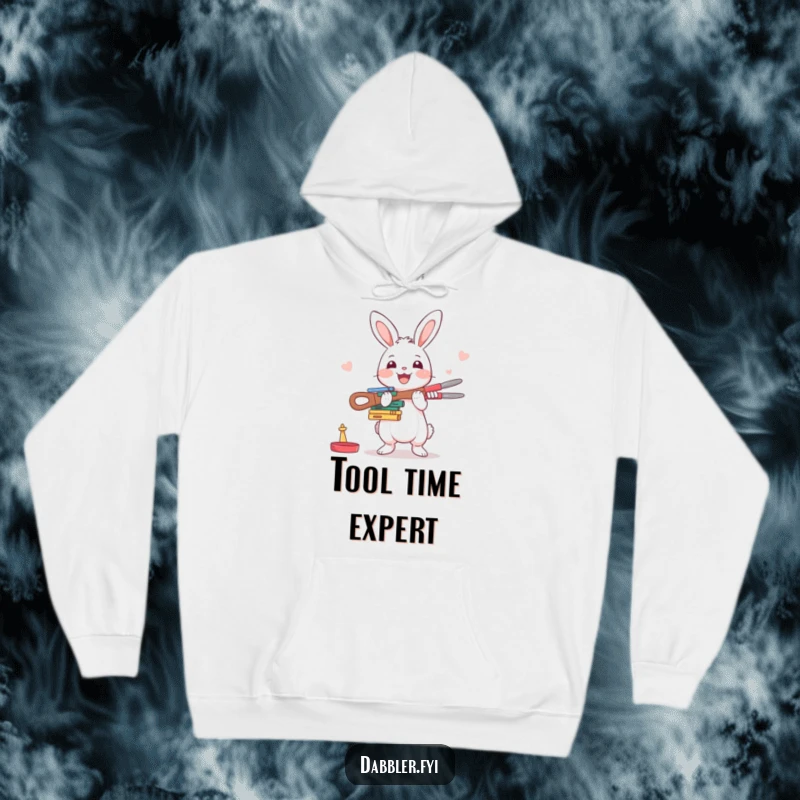 Funny Rabbit Hoodie: A happy rabbit enthusiastically balances a stack of crafting tools, embodying creative spirit and comfort.