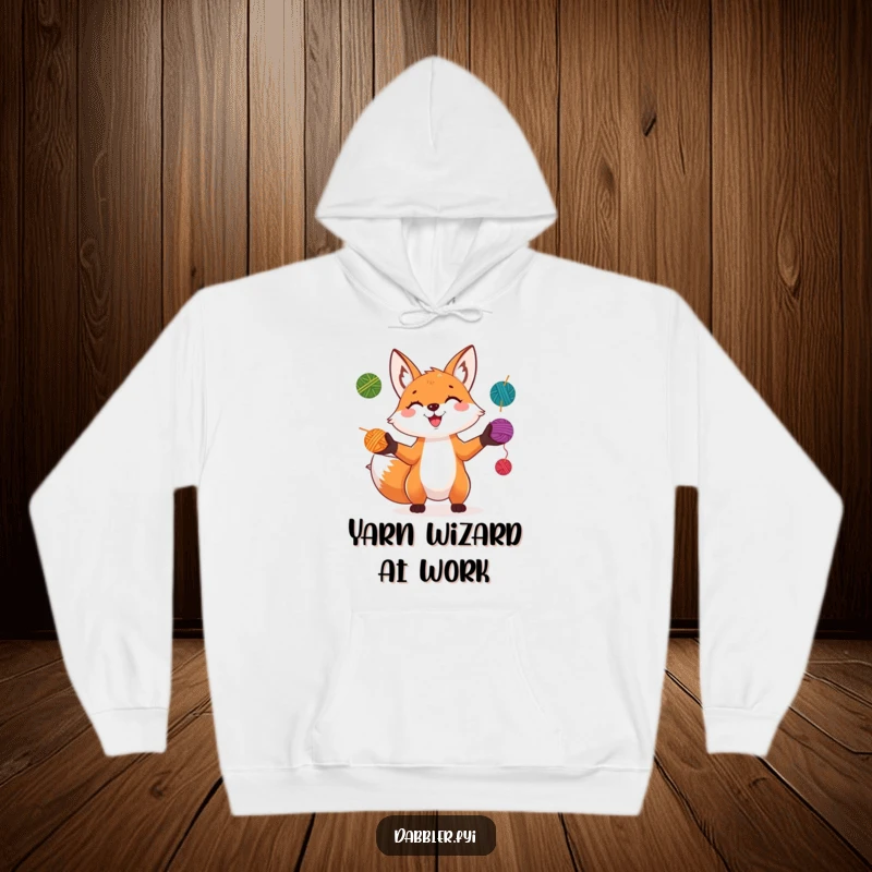 Funny Fox Hoodie: A playful fox grins while juggling colorful yarn balls, creating a cozy and humorous visual.