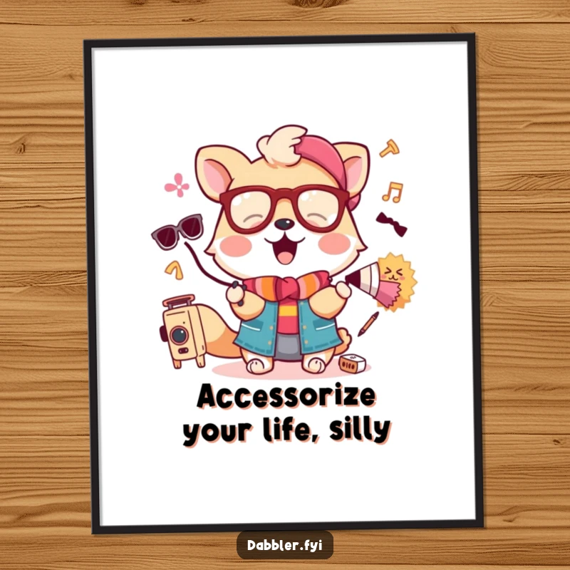 Funny Free Printable Wall Art of a cheerful animal character gleefully trying on a collection of amusing and silly accessories.