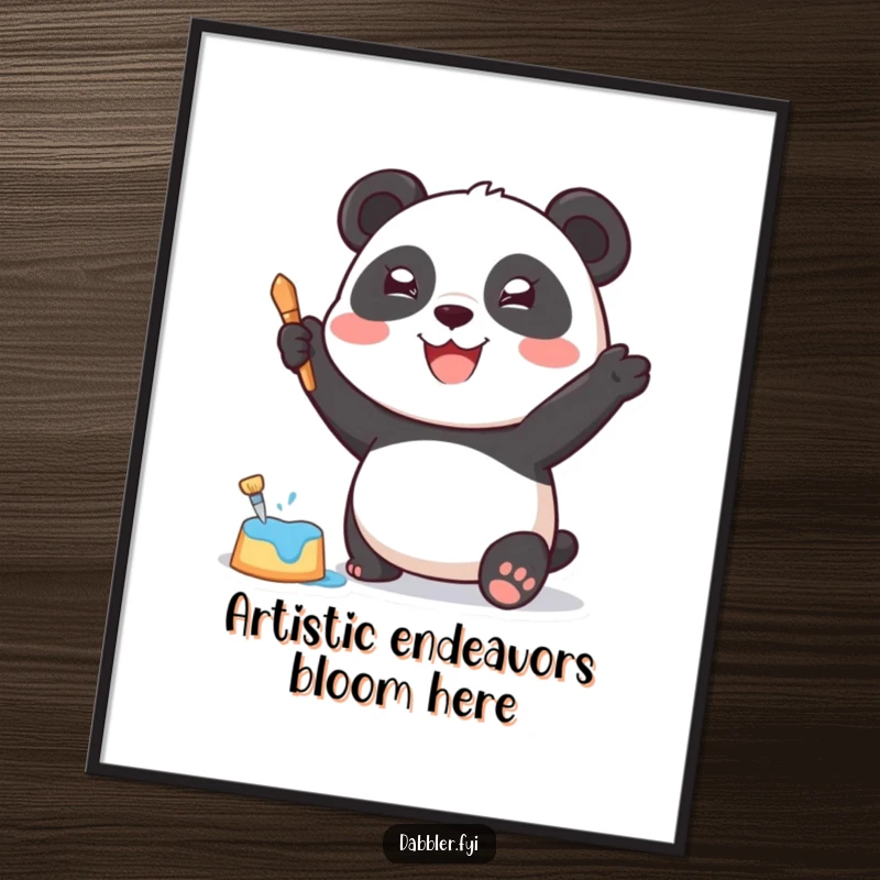 Funny Free Printable Wall Art: Joyful panda enthusiastically applying paint with a sponge, abstract art.