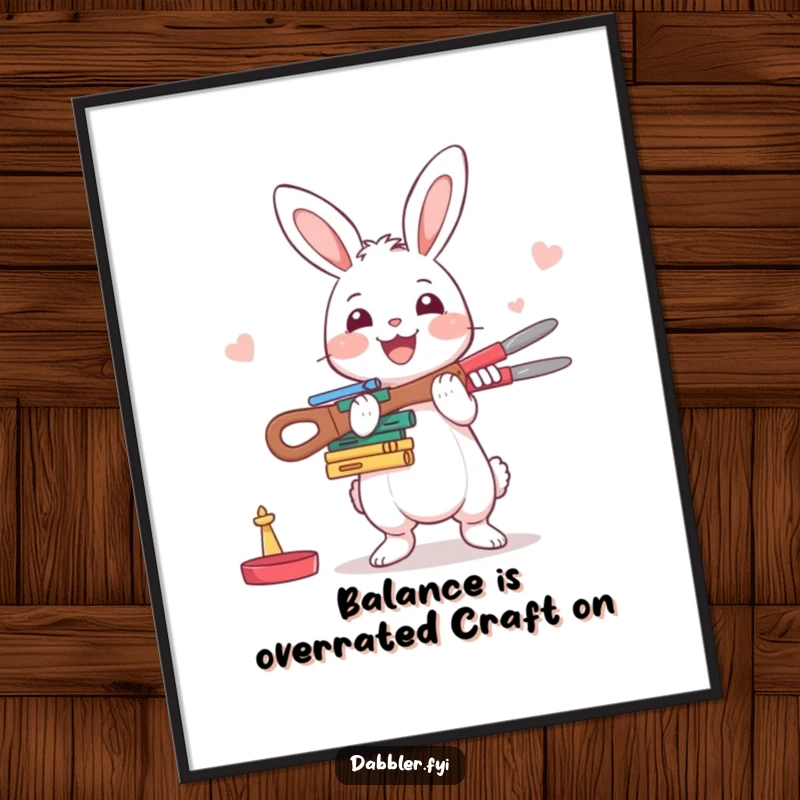 Funny Free Printable Wall Art of a happy rabbit trying to balance a stack of crafting tools, perfect for a creative space.