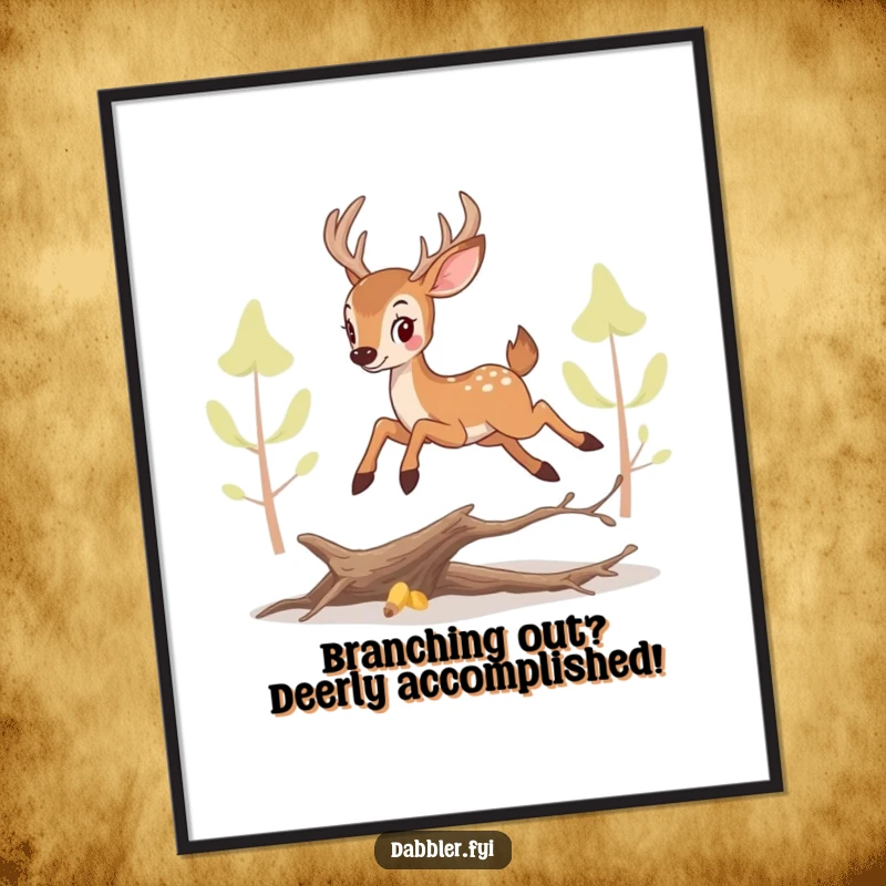 Funny Free Printable Wall Art: Perky deer leaping over a branch, adding a touch of whimsical humor to any space.