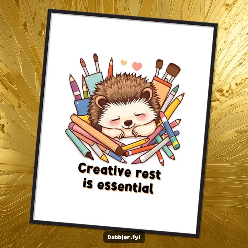 Funny Free Printable Wall Art: Content hedgehog naps peacefully amidst colorful art supplies, calming downloadable art.