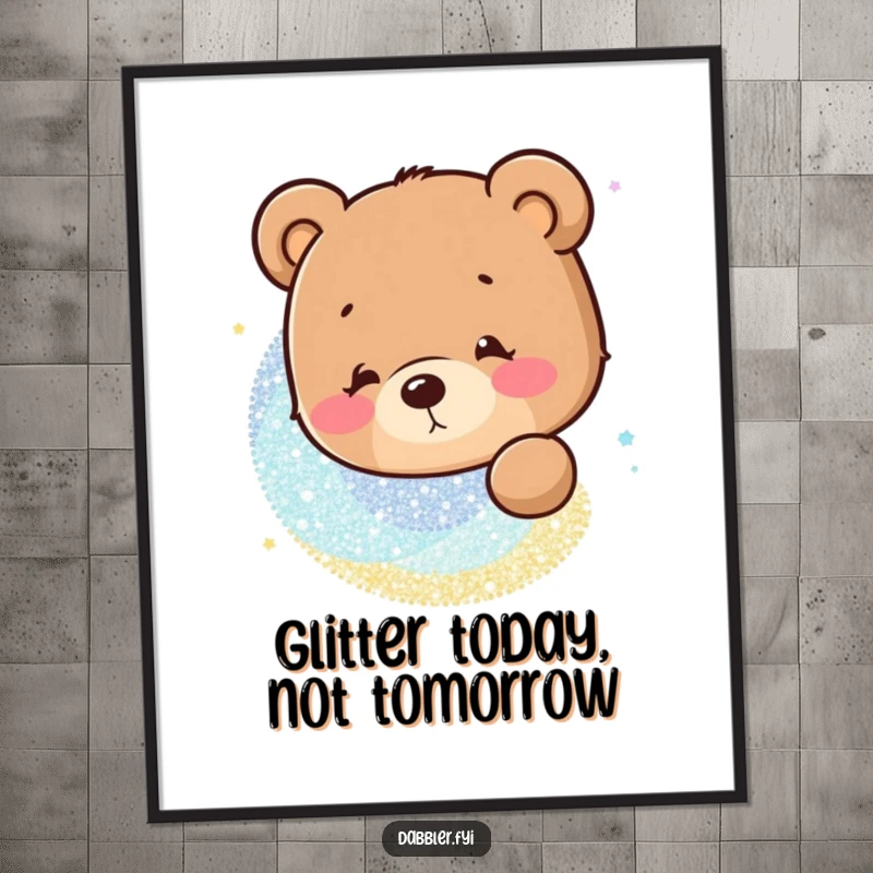 Funny Free Printable Wall Art: Curious bear intently watching a dazzling swirl of glitter, whimsical decor.