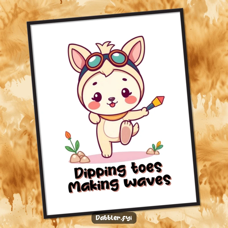 Funny Free Printable Wall Art showing a cheerful animal character cautiously dipping a toe into a new, fun pursuit, embracing the adventure.