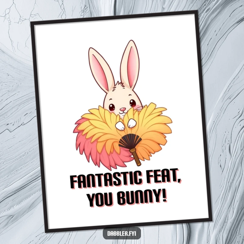 Funny Free Printable Wall Art: A mischievous rabbit peeking with playful curiosity from behind a large, vibrant feather fan. Cute decor.
