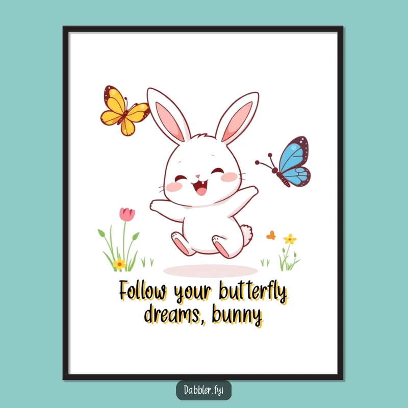 Free Printable Wall Art: Happy Rabbit Butterfly Scene, Cute Downloadable Decor