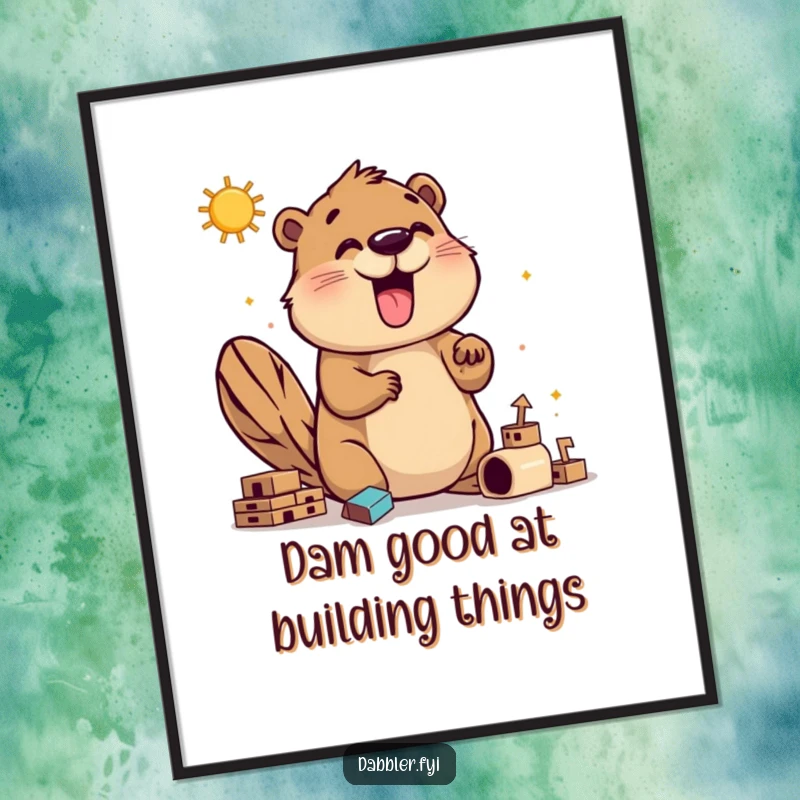 Funny Free Printable Beaver Wall Art showing a construction-loving beaver exploring various innovative building techniques with enthusiasm.