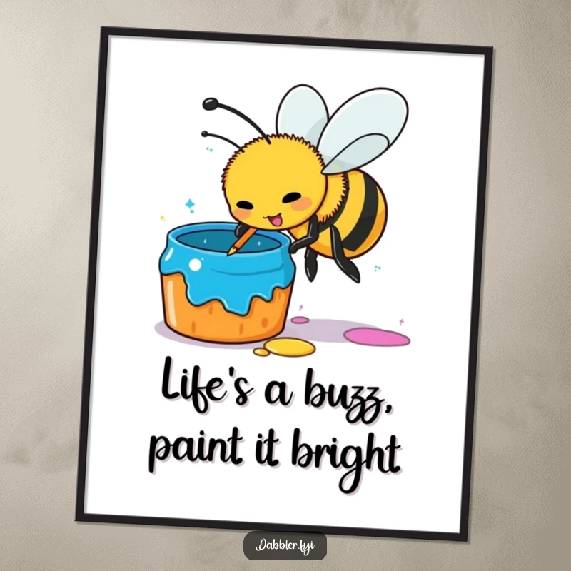 Funny Free Printable Wall Art: A busy bee enthusiastically dips its stinger into a vibrant paint pot, creating art.