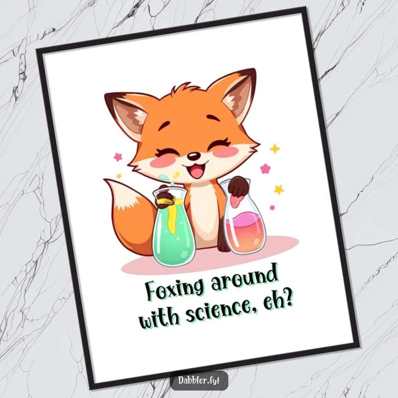 Funny Free Printable Wall Art: Whimsical fox gleefully mixing colorful liquids, creating a humorous laboratory scene.