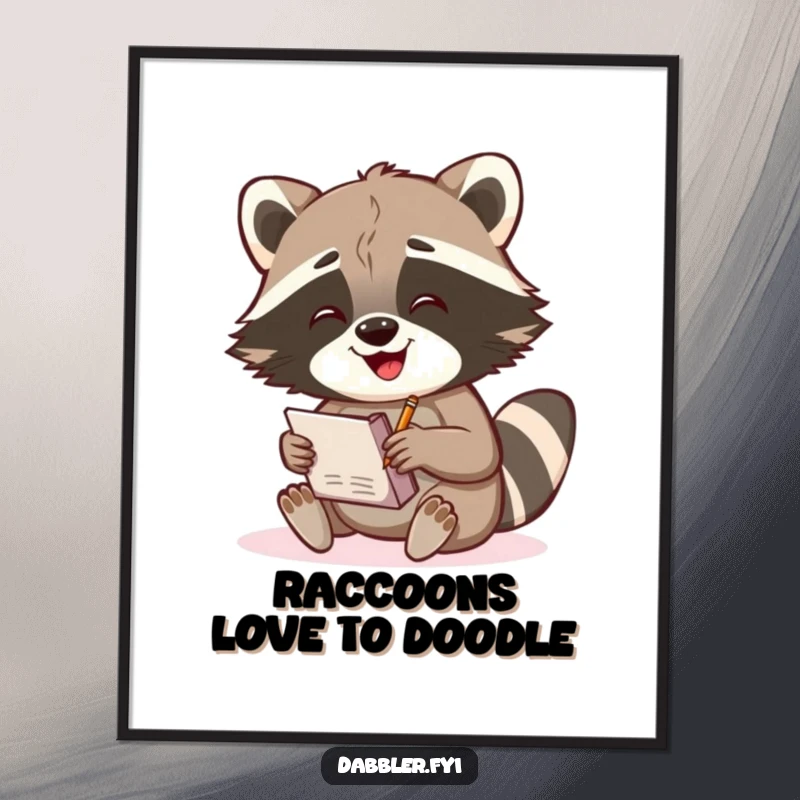 Funny Free Printable Wall Art: A gleeful raccoon enthusiastically sketches in a notebook, bringing artistic energy to your walls.