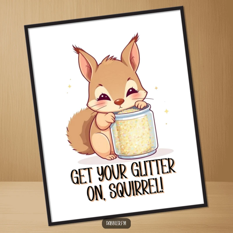 Funny Free Printable Wall Art: A curious squirrel excitedly peeks into a tiny can of glitter, radiating joy.