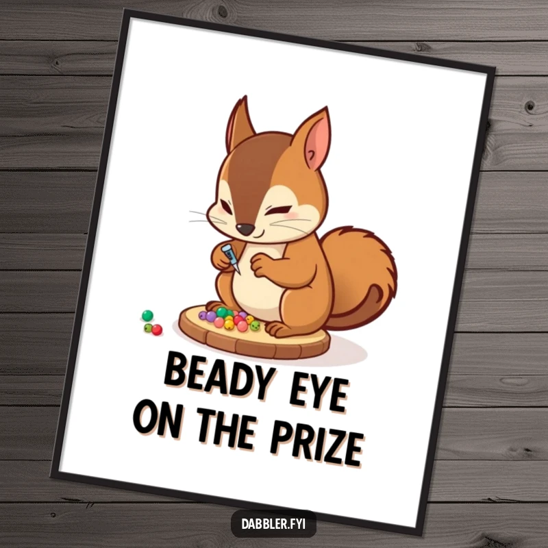 Funny Free Printable Wall Art: Determined squirrel crafting beads, adding quirky DIY charm to your home decor.