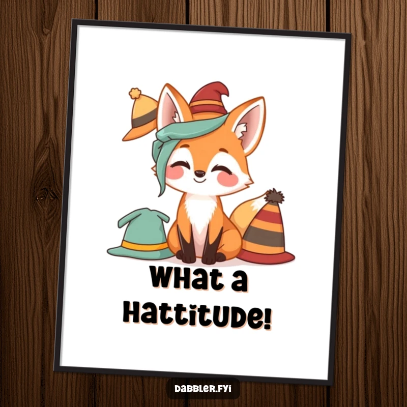 Funny free printable wall art depicting a giggling fox trying on various amusing hats, perfect for adding charm.