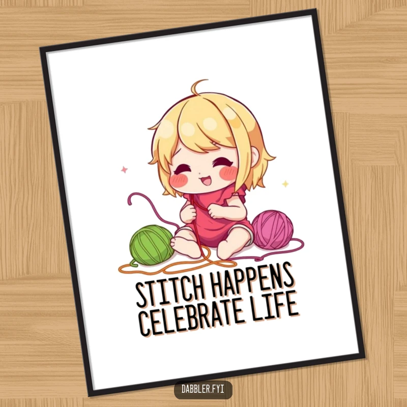 Funny Free Printable Wall Art depicting a character enthusiastically exploring different coloured threads, a vibrant piece of downloadable art.