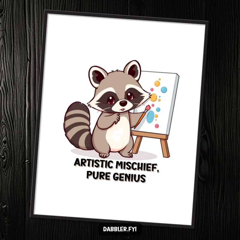 Funny Free Printable Wall Art: Mischievous raccoon playfully dabs paint onto a canvas with its tail, downloadable.