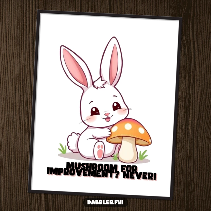 Funny Free Printable Wall Art: Curious bunny with ear up, poking a vibrant mushroom, whimsical downloadable art.