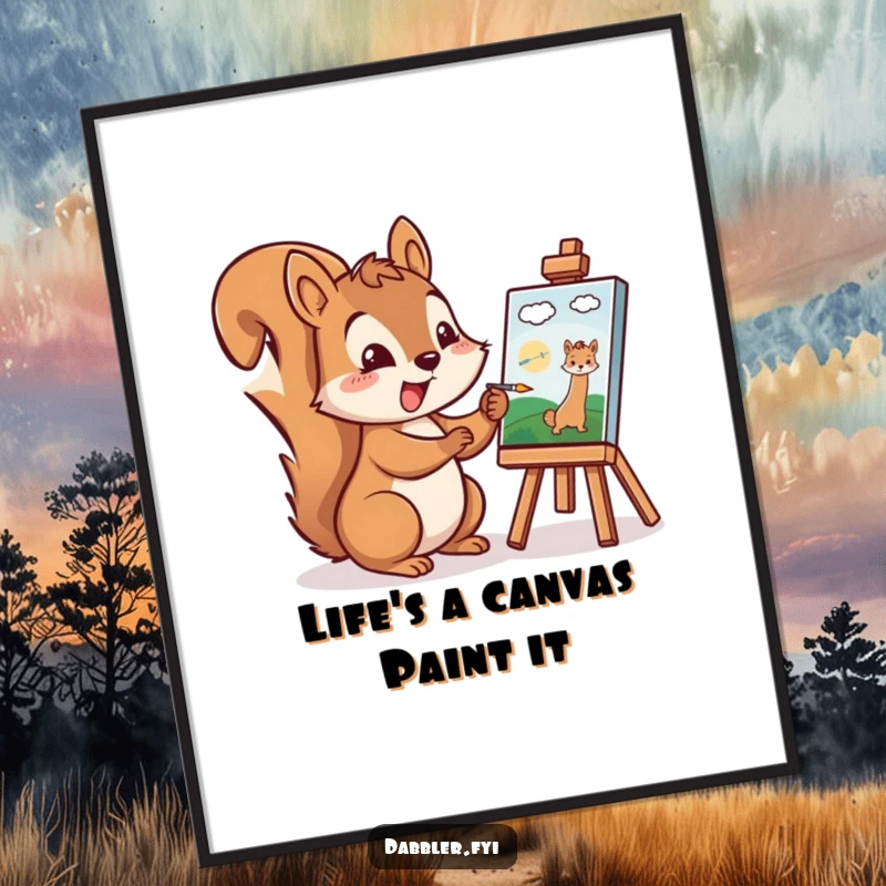 Funny Free Printable Wall Art of a cheerful squirrel excitedly painting a tiny picture, perfect for adding artistic humor to decor.