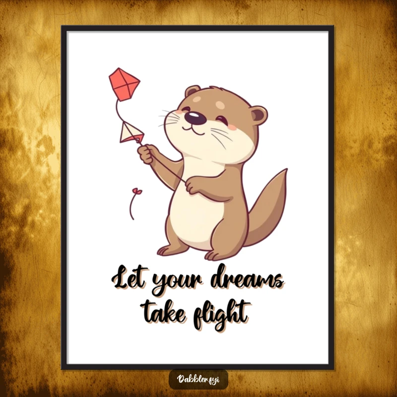 Funny Free Printable Wall Art of a determined otter trying to fly a small handmade kite, perfect for adding playful decor.