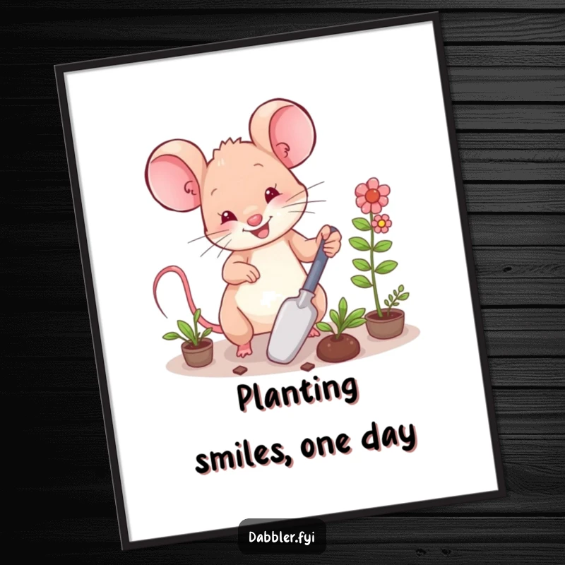 Funny Free Printable Wall Art: Happy mouse diligently tending to miniature plants with a small trowel.