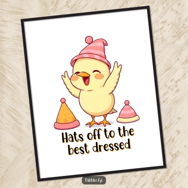 Funny Free Printable Wall Art: Joyful bird sporting a variety of tiny hats, creating a humorous and stylish display.