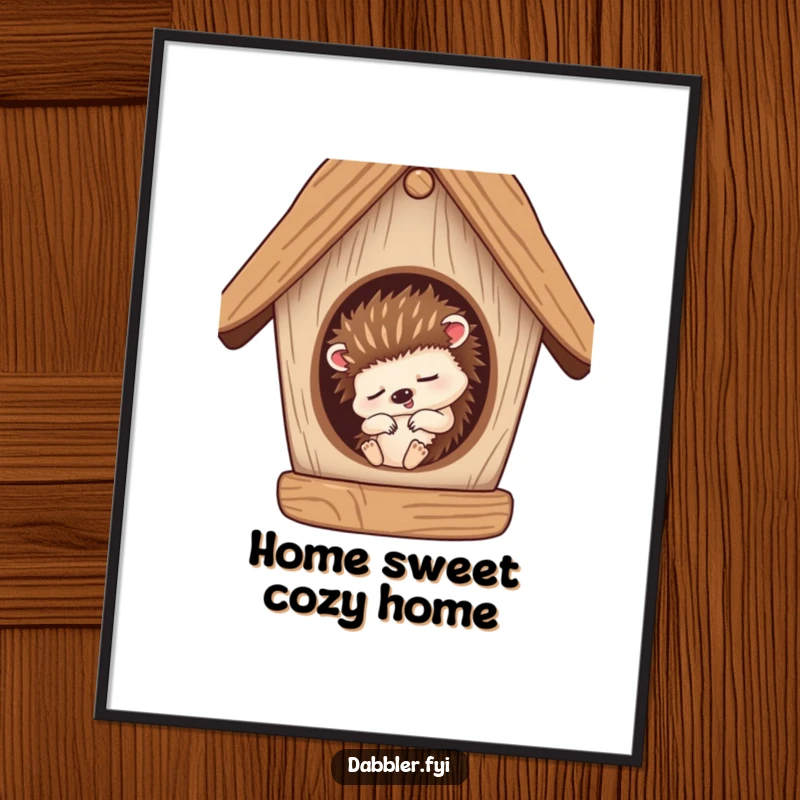 Funny Free Printable Wall Art: Sleepy hedgehog curled up and snoozing soundly inside a cozy, unfinished birdhouse.