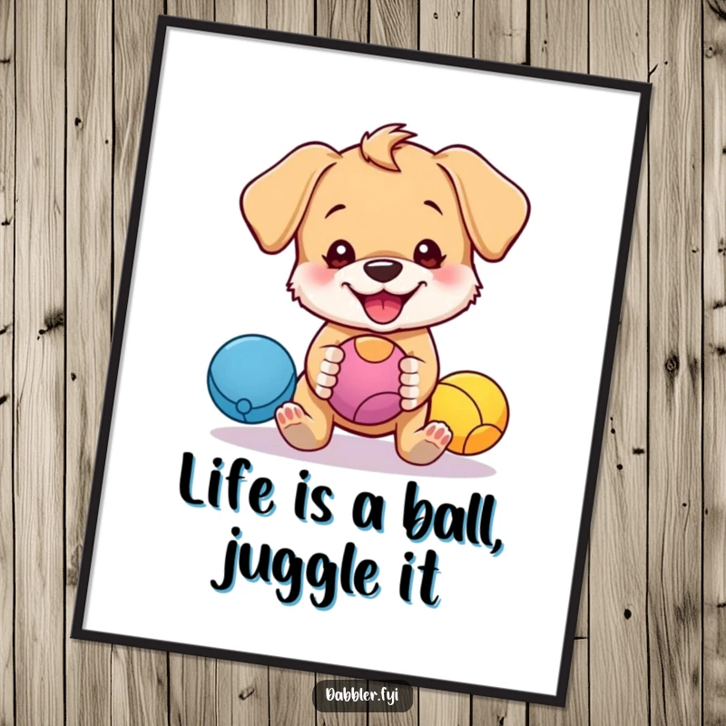 Funny free printable wall art depicting a mischievous puppy juggling three vibrant balls, a comical illustration.