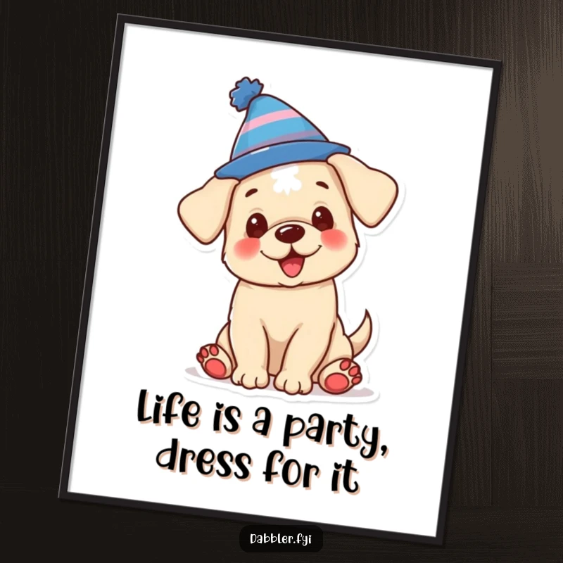 Funny Free Printable Wall Art: A puppy joyfully wearing a comically large and silly hat, bringing cheerful energy to the room.