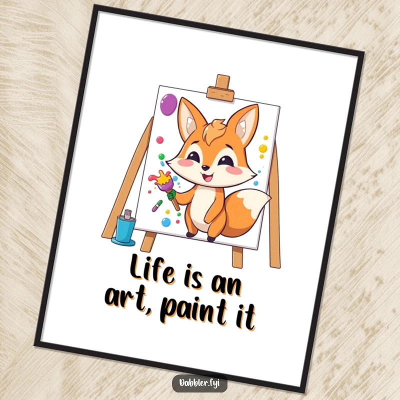 Funny Free Printable Wall Art: A happy fox character grinning widely while splashing colorful paint onto a blank canvas.
