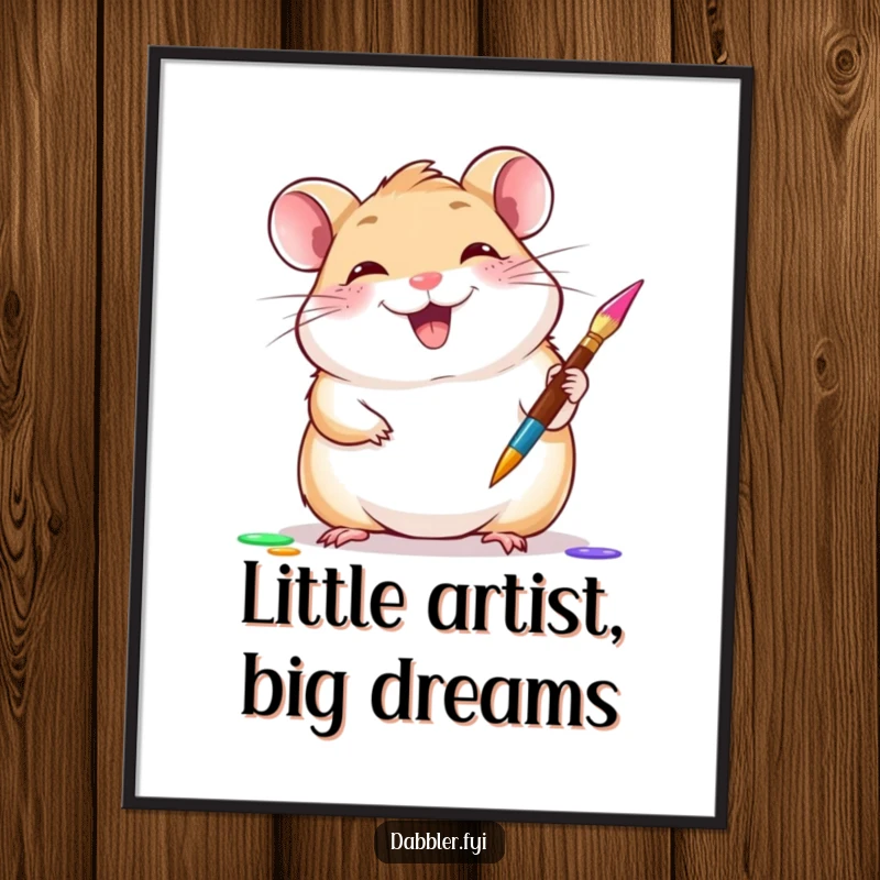 Funny Free Printable Wall Art: Giggling hamster trying new paintbrush, colorful art, creative decor.