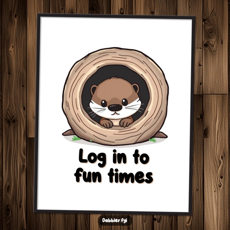 Funny free printable wall art of a curious otter investigating a miniature hollow log, adding humor to your decor.