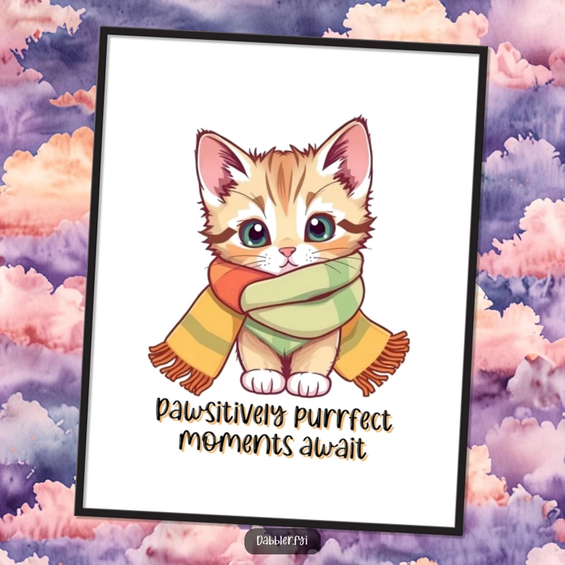 Funny Free Printable Wall Art: A curious kitten peeking playfully from behind a vibrant scarf, adding whimsical charm to your decor.